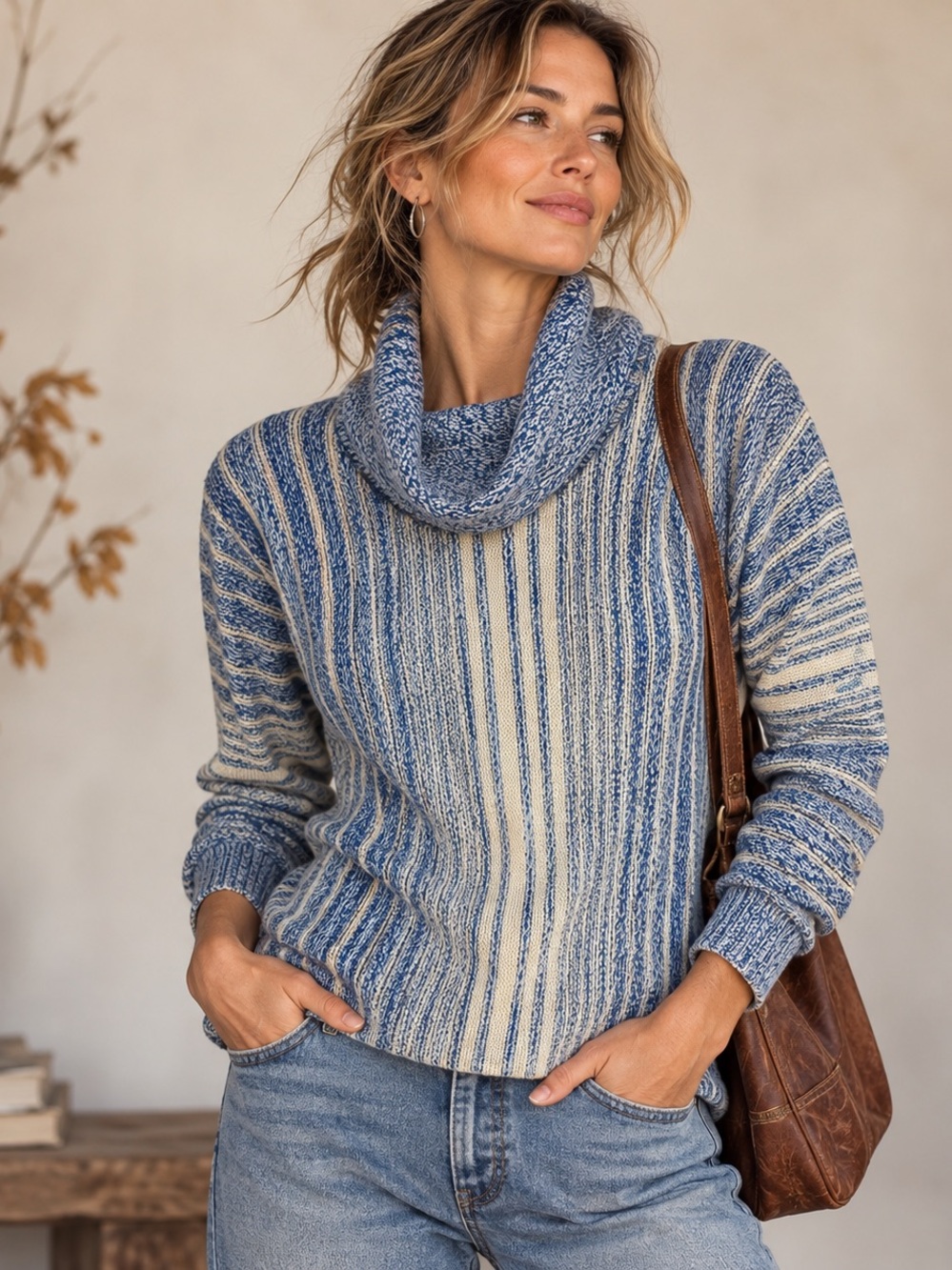 Vintage 70s Blue Cream Marled Cowl Neck Knit Sweater